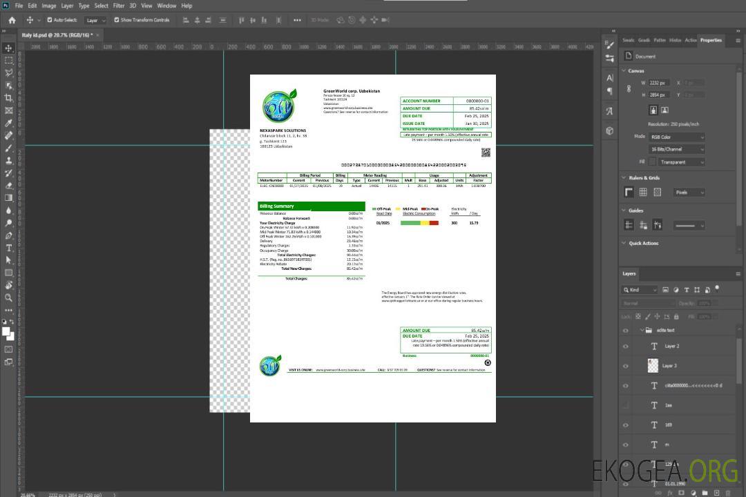 Modèle de facture de services publics pour les entreprises Ouzbékistan GreenWorld au format Word et PDF, entièrement modifiable template
